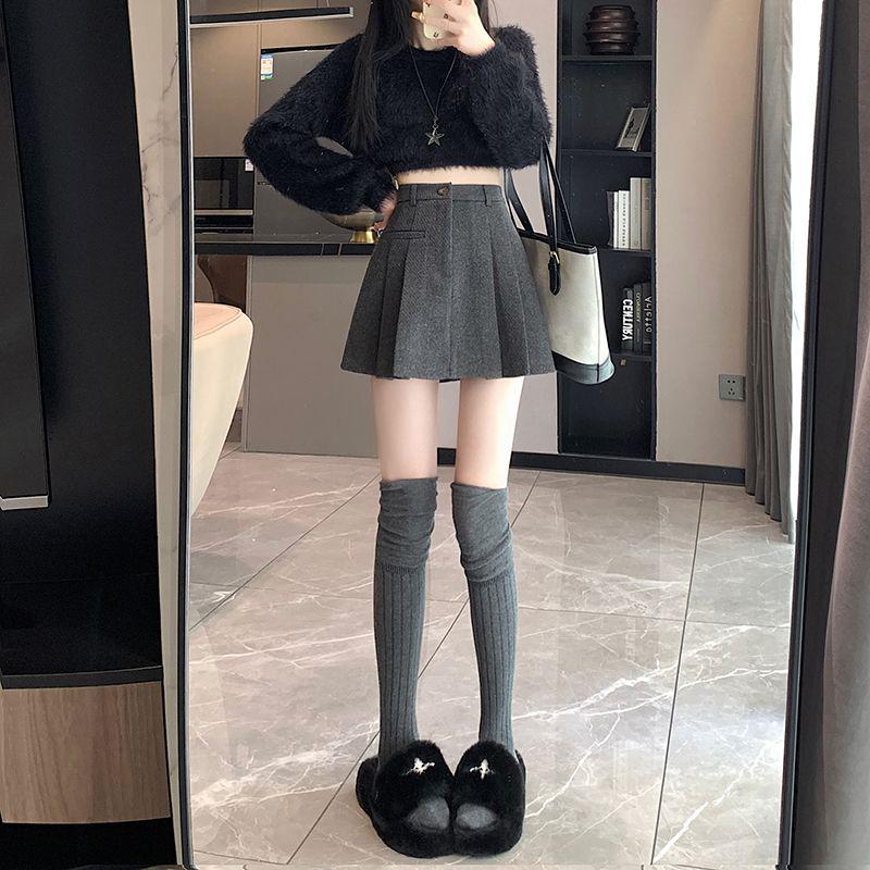 High-Waisted Woolen Pleated Skirt - Women's A-Line Winter Fashion