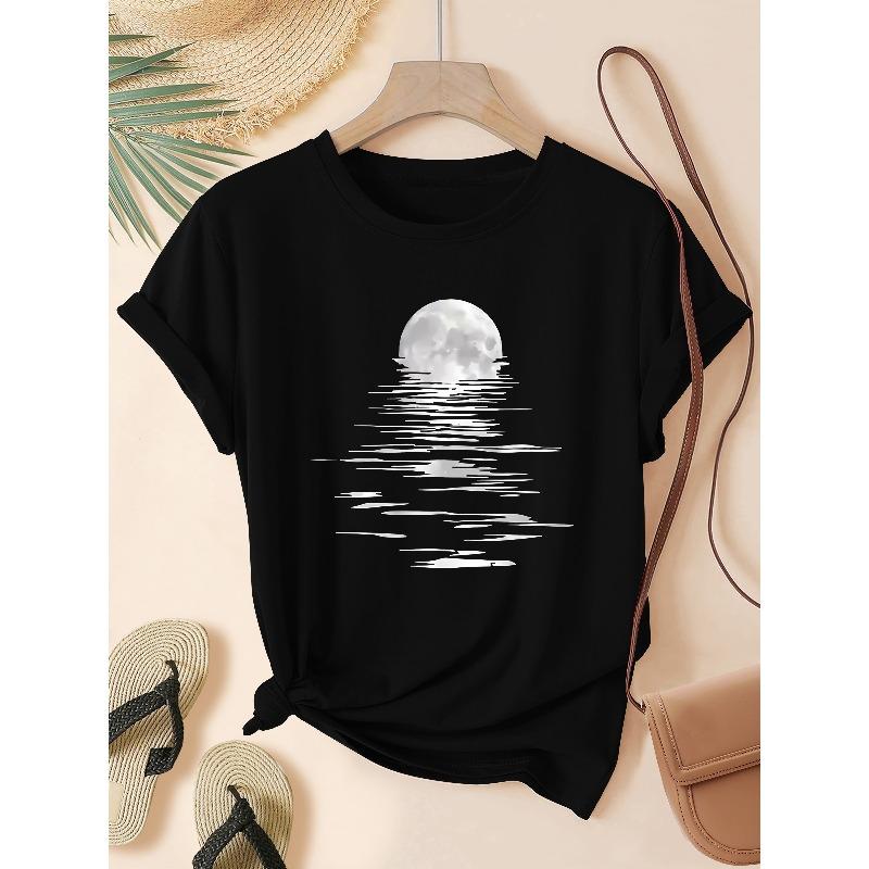 

European Size Women s Casual Short Sleeve T-Shirt with Moon Rising Over Water Graphic Print - Soft Stretch Round Neck Top for Spring Summer Fall 4XL