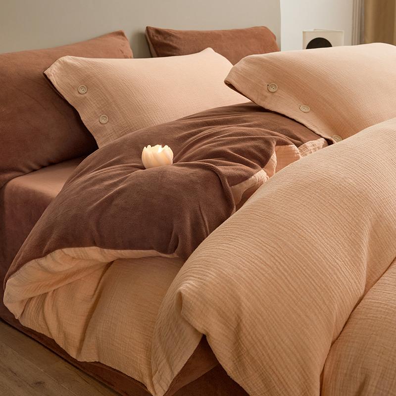 Sleep Grid Full Cotton Bubble Double Layer Yarn with Milk Velvet Four Piece Set
