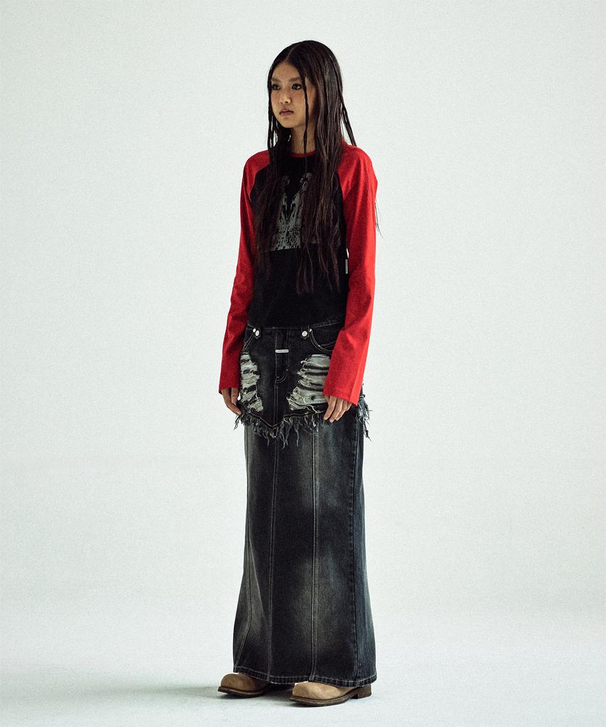 The Vinyl House Destroyed Double Denim Skirt Black