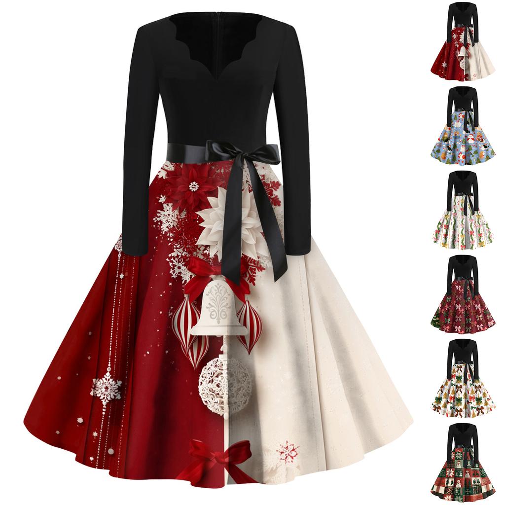 Women's Casual Christmas Print V-Neck Vintage Dress for Holiday Parties and Everyday Wear