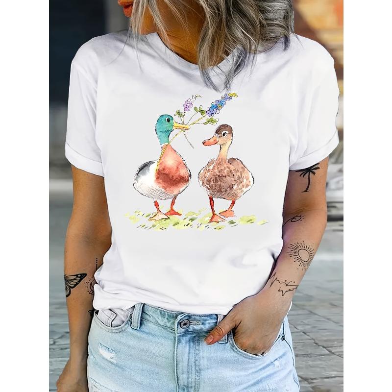 

Women Greenhead Duck Floral Print T-Shirt Round Neck Short Sleeve All-Season Casual Whimsical Regular Fit Top S белый