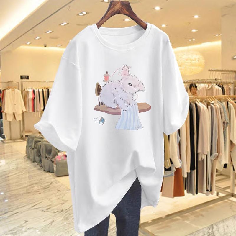 

Весенне-летняя футболка из чистого хлопка с новым мультяшным принтом, белая, с коротким рукавом, женская, свободного кроя, средней длины, топ, нижняя рубашка S