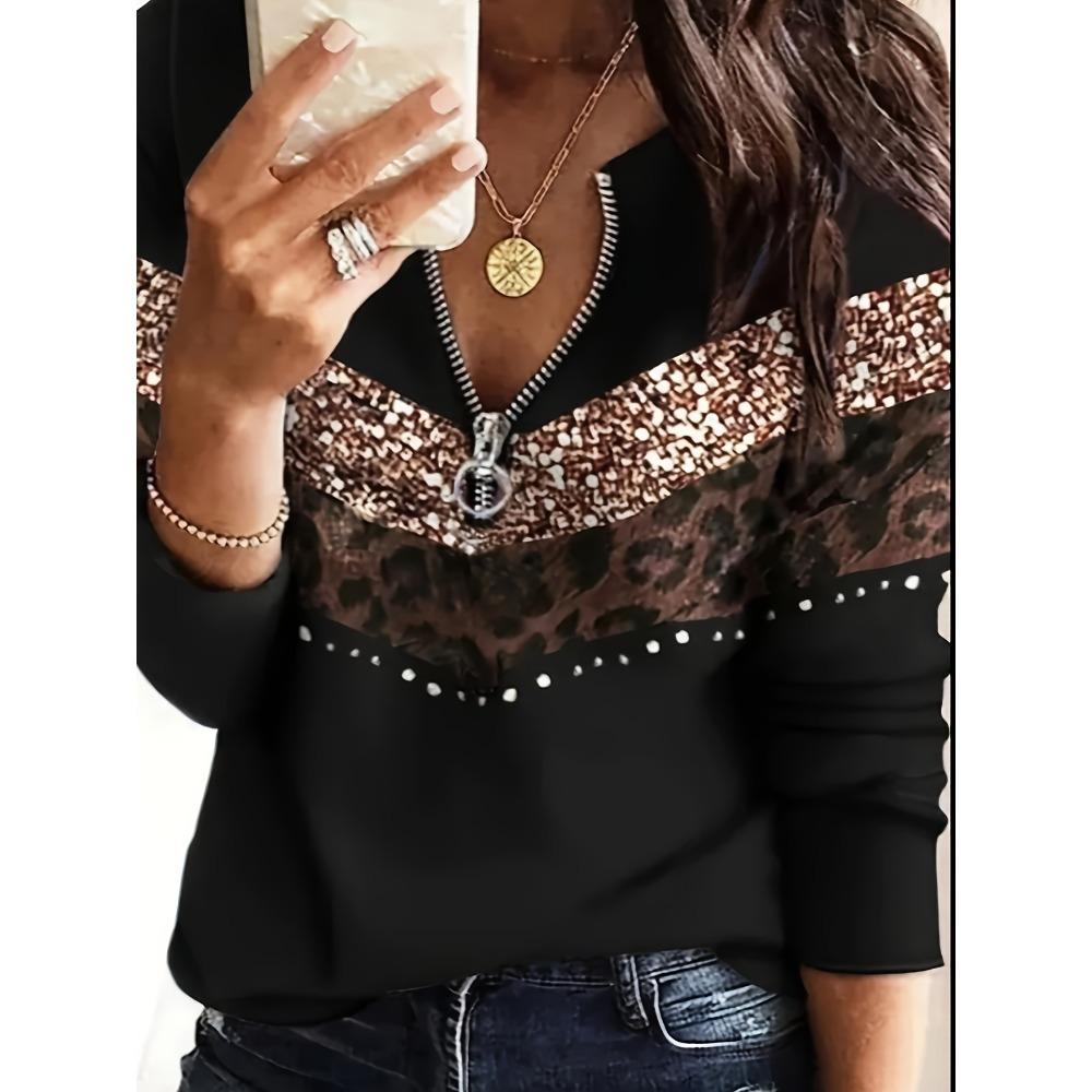 Women's Elegant Long Sleeve Shirt | Half Zipper Front, Perspective Proof, Geometric Printing