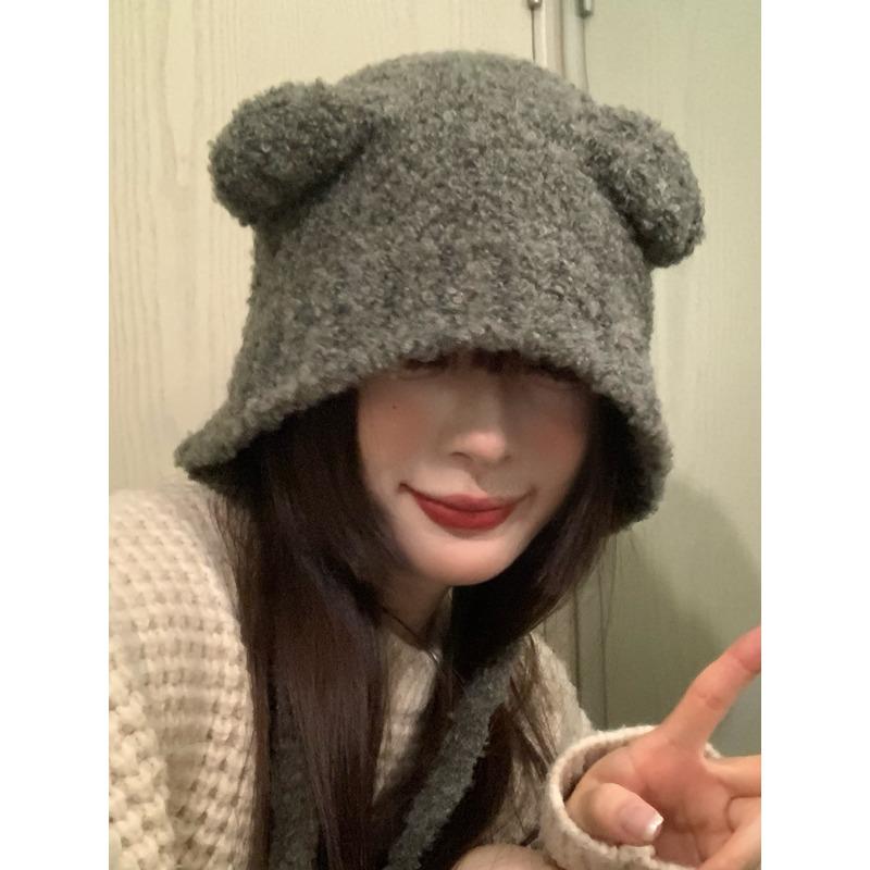 Cute bear hat female winter warm gray ear hat autumn and winter knitted wool hat big head circumference