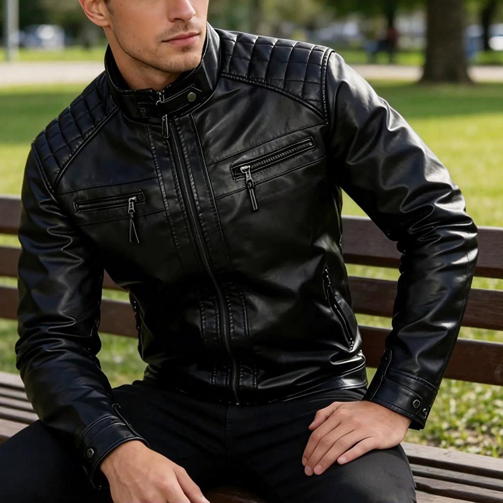 New men's stand-up collar PU leather jacket motorcycle jacket slim casual jacket trendy leather jacket