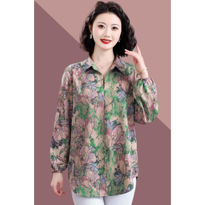 Fashionable Long-sleeved Spring Summer T-shirt Tops for Middle-aged Elderly Women Loose Printed New Tops