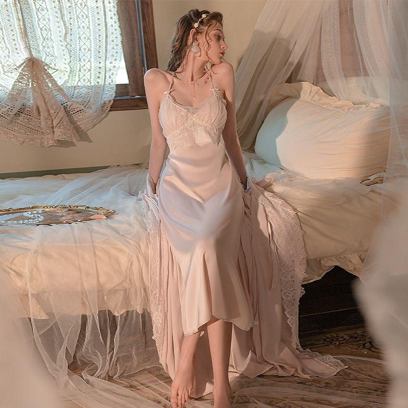 [Gentle Sweet Peach] French Style Purple Sling Nightdress Long Ankle Long Dress Split Ice Silk Pajamas With Chest Pad Women