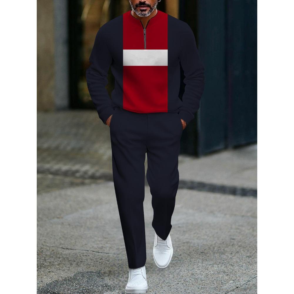 Spring Autumn 3D Printed Fashion Cool Men's Long-Sleeved Sets Half-Zipper Stand-Up Collar Men's Casual Sportswear Two-Piece Set