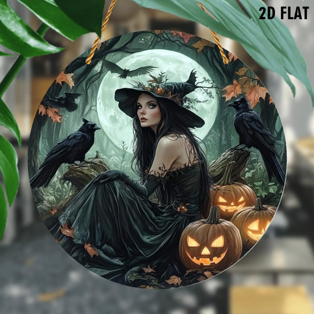 2D Flat Acrylic Vintage Witch Halloween Wall Decor - Window Pendant with Raven and Pumpkin Design, Home Garden Party Decor, for Halloween Christmas