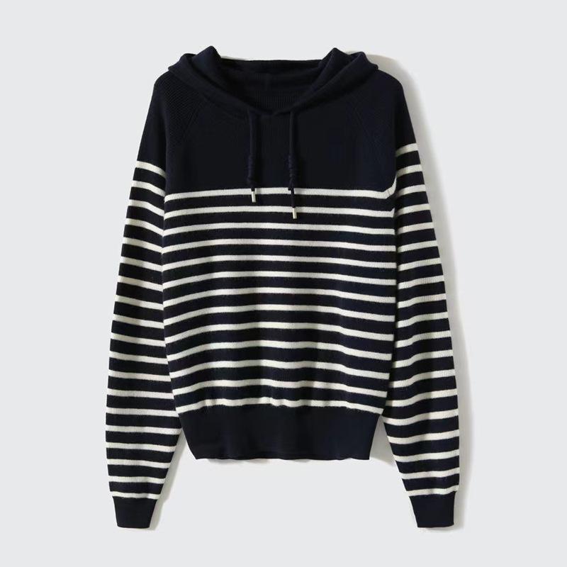 Hoodie age-reducing striped drawstring knitted sweater women's autumn and winter simple temperament versatile casual style sweater tide