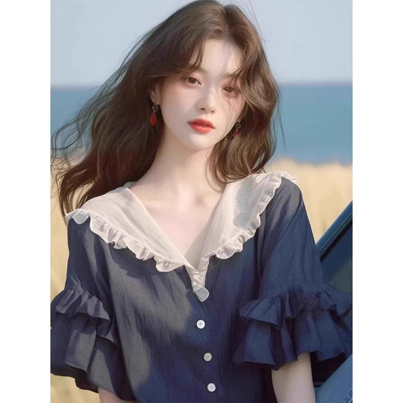 

Женская блузка с оборками и воротником Питер Пэн, короткий рукав, V-образный вырез, на пуговицах, милый повседневный топ L чёрный