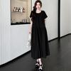 DIMANAF 2026 Summer New Plus Size Women Elegant French Style O-Neck Short Sleeve Cotton Maxi Long Dress Black