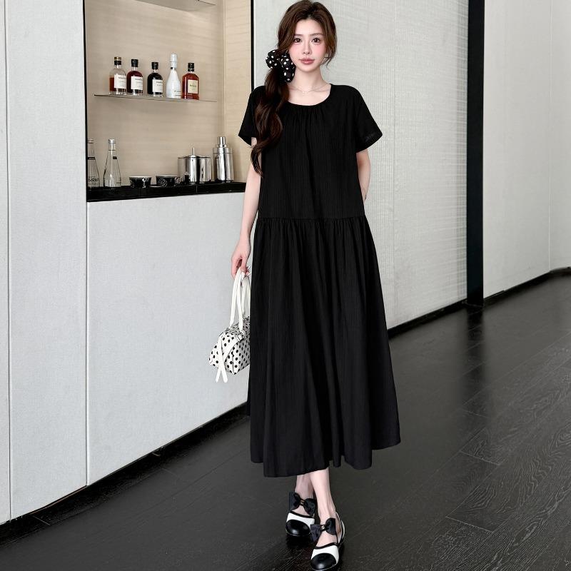 DIMANAF 2026 Summer New Plus Size Women Elegant French Style O-Neck Short Sleeve Cotton Maxi Long Dress Black