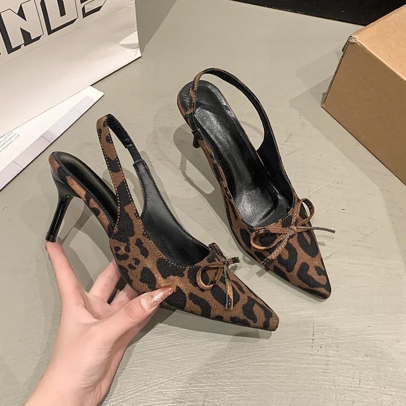 New Leopard Print Summer Pointed Toe High Heel Pumps Women's Sandals Fashion Slip-On Mules for Ladies Party Dress Shoes
