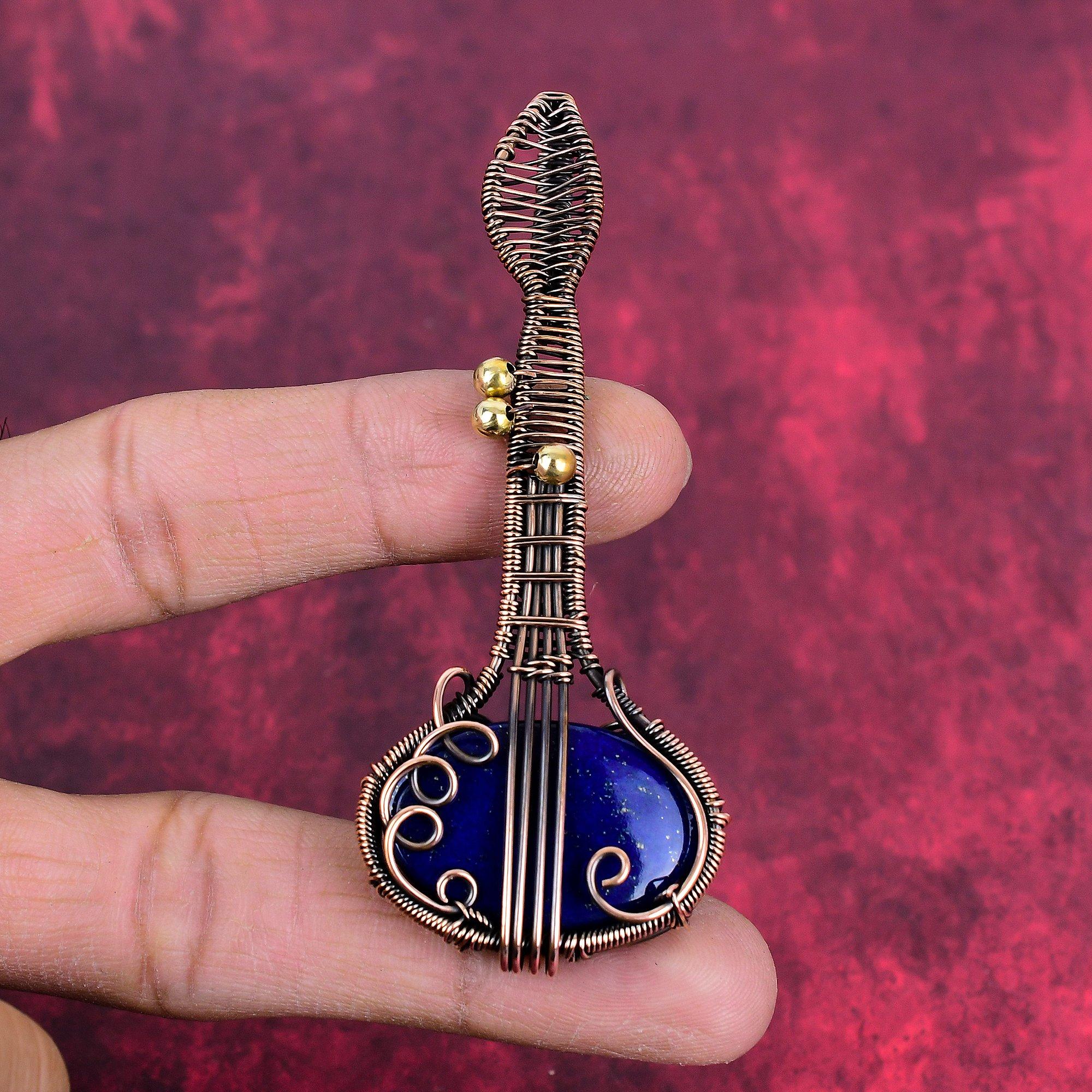 Lapis lazuli pendant copper wire wrapped gemstone pendant handmade guitar pendant very pretty copper jewelry gifts for wife designer pendant