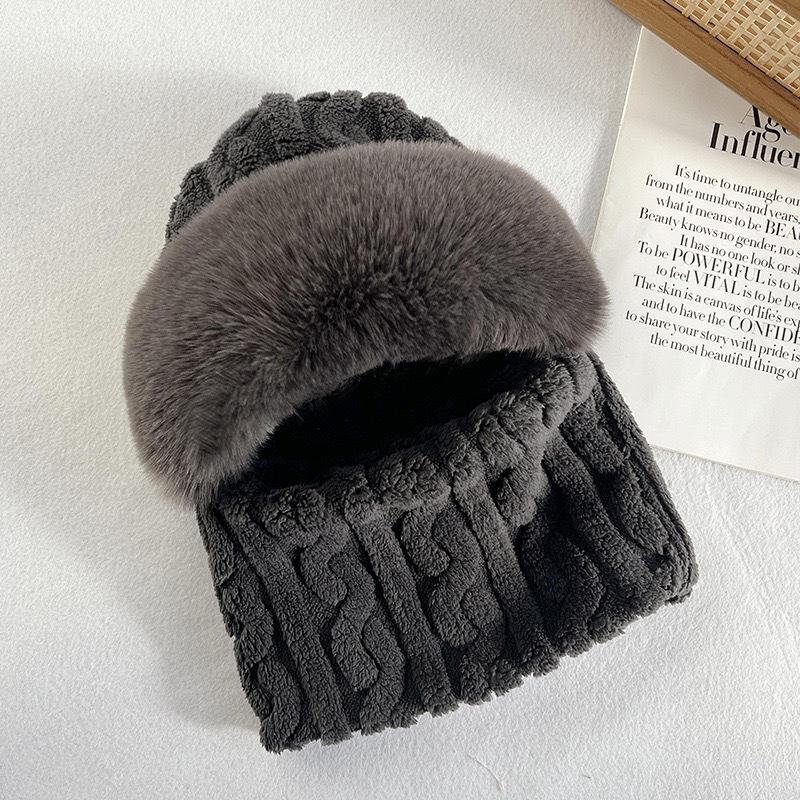 Thickened One Piece Hat for Women Winter Fur Ball Twist Neck Scarf Hat  One Piece Cycling Warm and Windproof High Quality Plush Hat