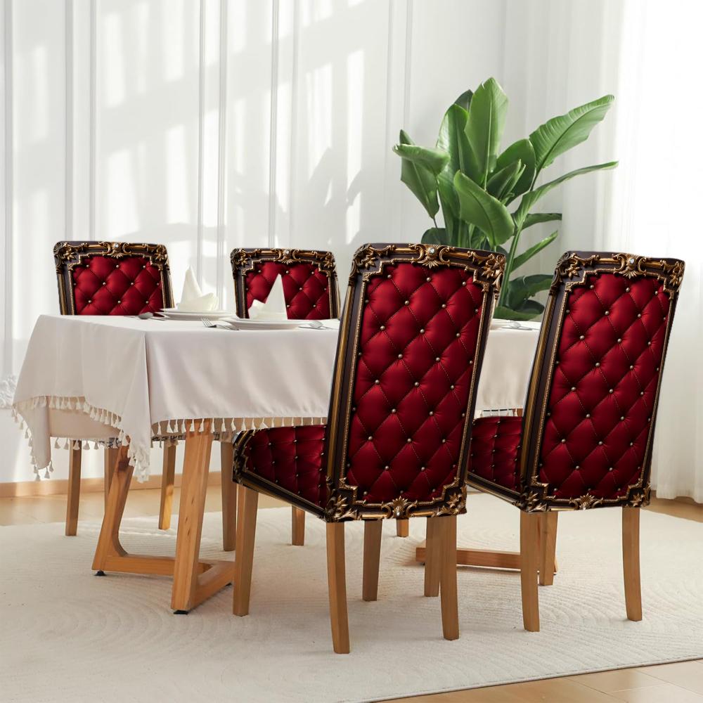 4/6 Pcs Red Quilted Velvet Dining Chair Covers Stretchable Seat Protectors with Elastic Bottom for Home Decor