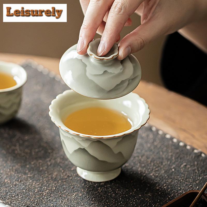 160ml Ru Ugn Keramisk Gaiwan Elegant Bergslandskap Blomma Mourh Te Terrin Hushålls Te Tillverkare Lock Skål Cha Ornament