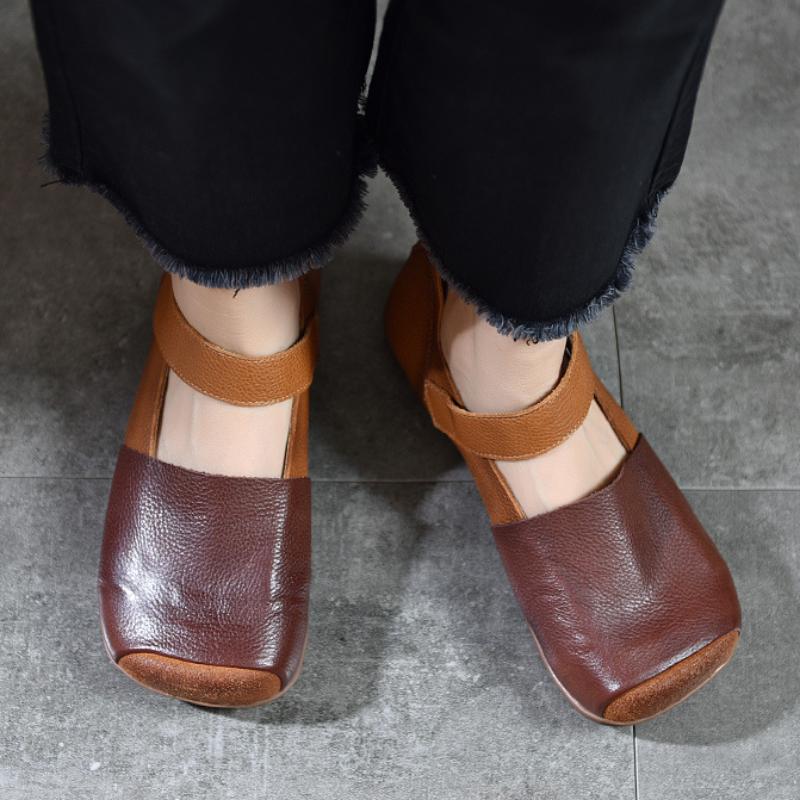 Johnature Sandali retrò in vera pelle per scarpe piatte con suola morbida e punta quadrata in colori misti da donna