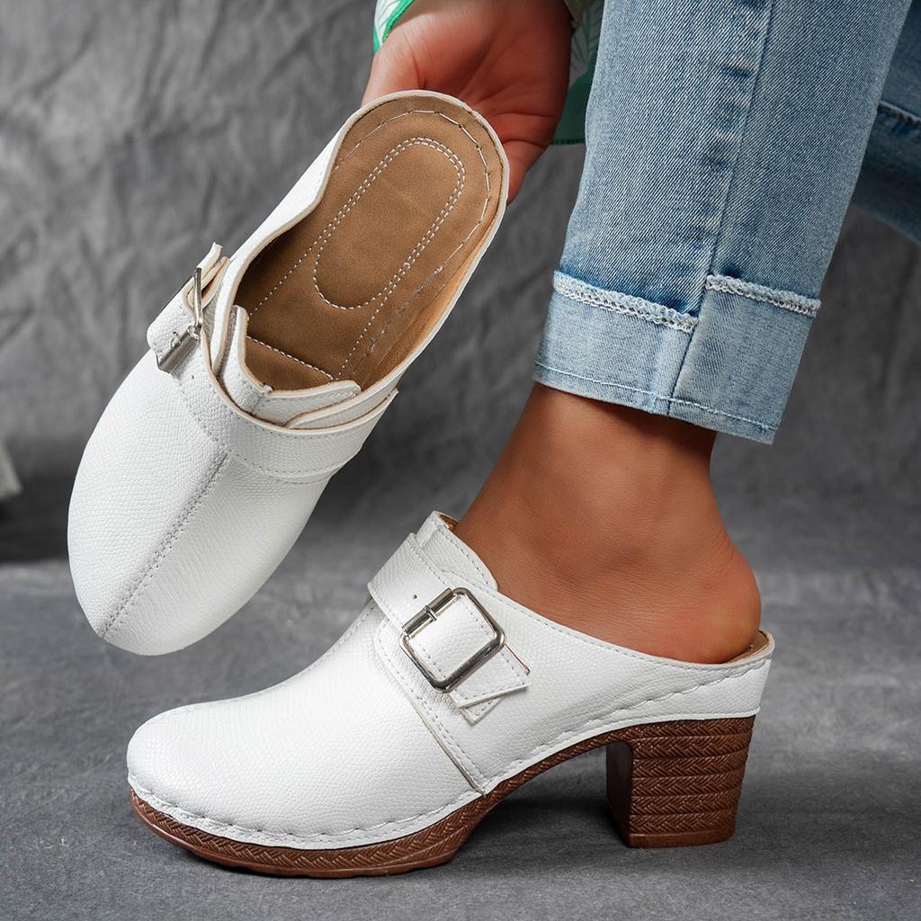 Chunky Heel Closed Toe Round Toe Women'S High Heels Leather Solid Color Memory Foam Sandals Women Fisherman Sandals For Women