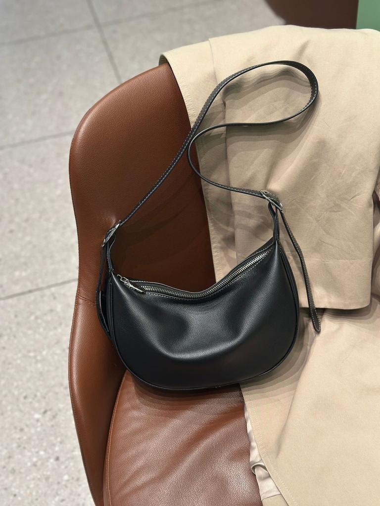 Women's Top Layer Cowhide Crossbody Bag - Ladies' Genuine Leather Model Crescent Bag, Vintage Stitching Shoulder Purse