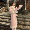 Winter Pink Warm Jacket Suits Korean Fashion Faux Fur 2 Piece Skirt Set Women Casual Y2k Blazers Coats + Mini Skirts Chic