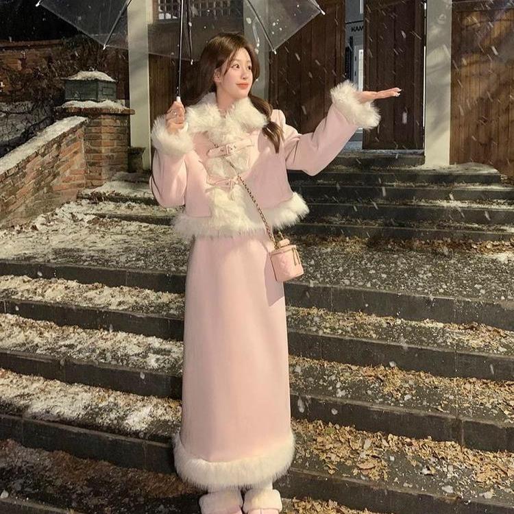 Winter Pink Warm Jacket Suits Korean Fashion Faux Fur 2 Piece Skirt Set Women Casual Y2k Blazers Coats + Mini Skirts Chic