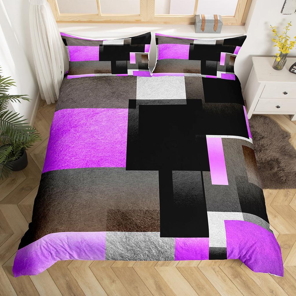 Homewish Geometric Anstract Duvet Cover Set For AdultPink Grey Square Bedding SetModern Fashion Bed Set