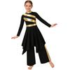 Kids Girls Church Dance Performance Set: Mock Neck Long Sleeve Metallic Patchwork Dress with Asymmetrical Hem & Matching Wide-Leg Pants