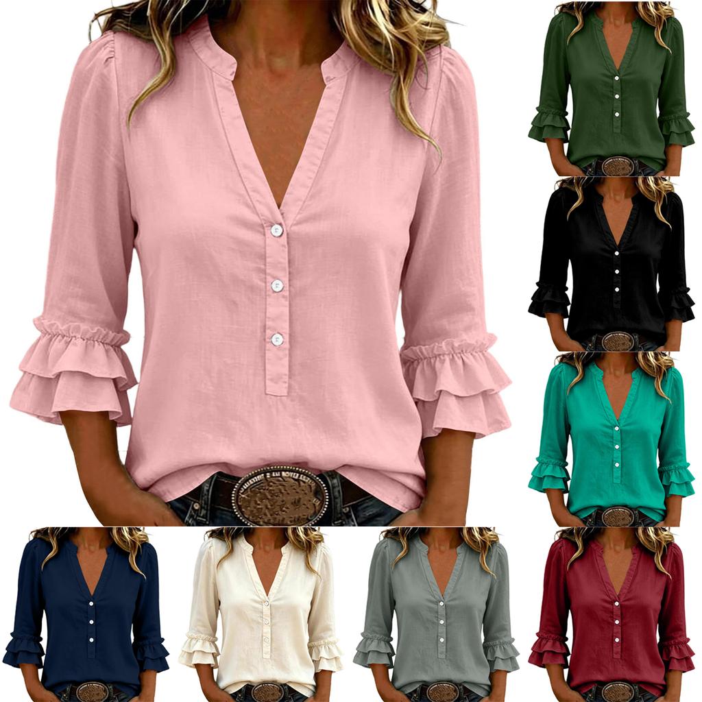 Women's V-Neck Button Front Three-Quarter Sleeve Blouse Color