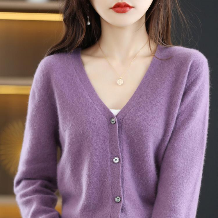 Palton cardigan tricotat din lână, cu decolteu în V, de toamnă și iarnă, de culoare solidă