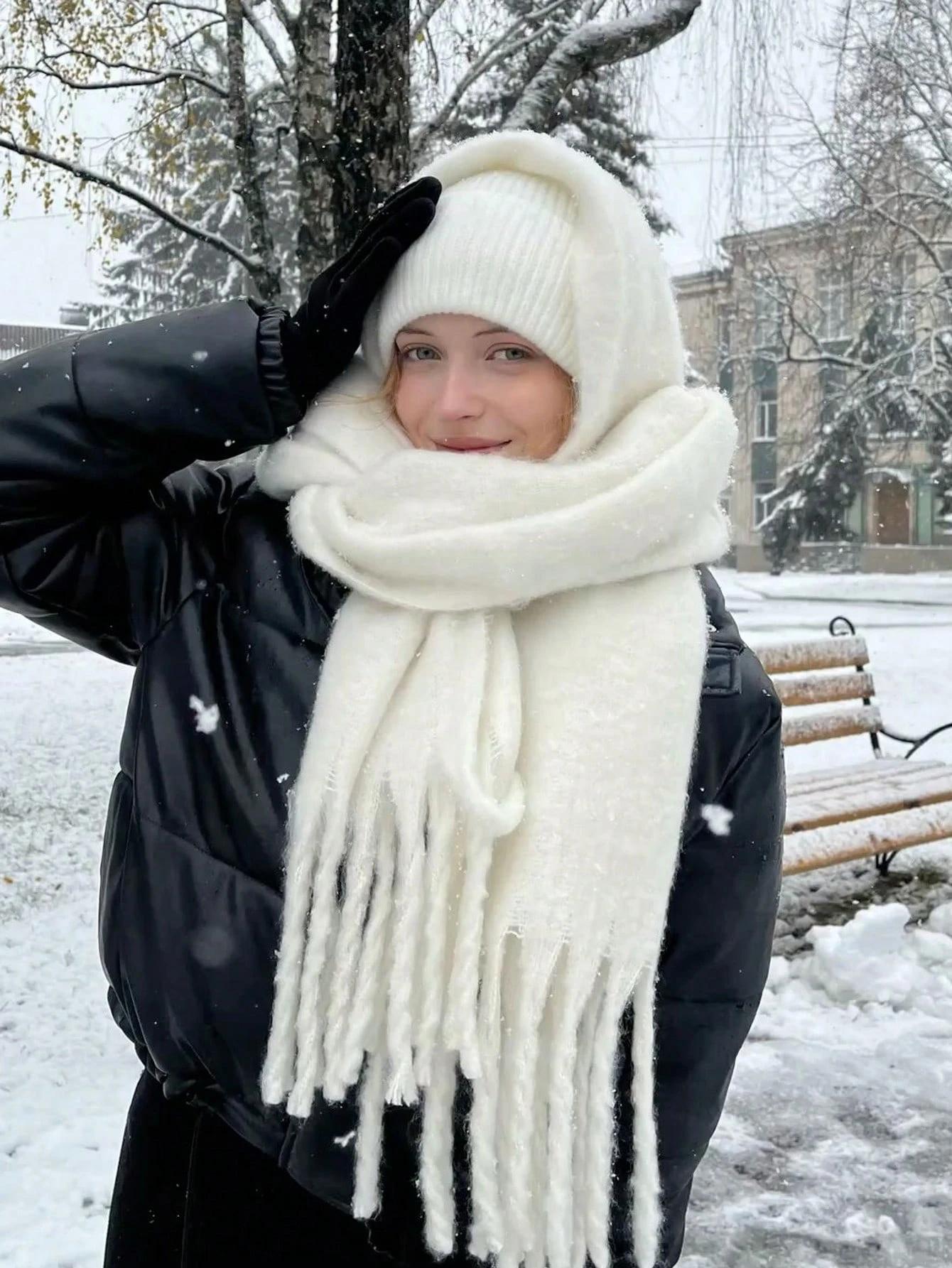 Зимний шарф, женский роскошный осенне-зимний кашемировый шарф, утолщенная теплая шаль, классический пушистый шарф с кисточками, одноцветная мягкая шаль