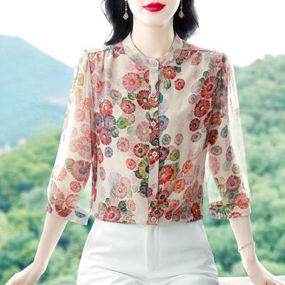 Summer New Stand Collar Women Blouse Fashion Casual Print Chiffon Blouse Shirt Women Tops