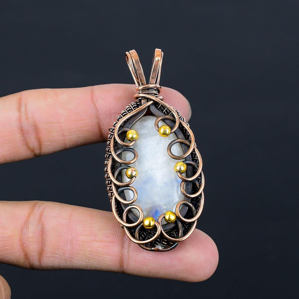 Rainbow Moonstone Gemstone Pure Copper Wire Wrapped Handmade Jewelry Pendant