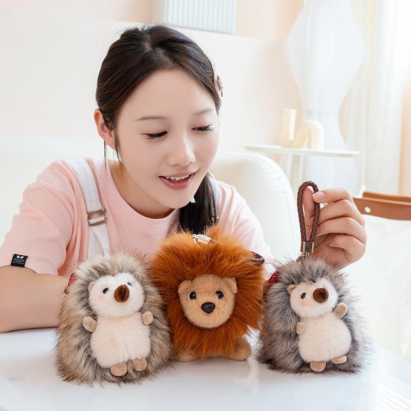 Hedgehog & Lion Fluffy Fur Plush Pendant Stuffed Cartoon Animal Cute Small Plushie Keyring Decor for Bag Gift