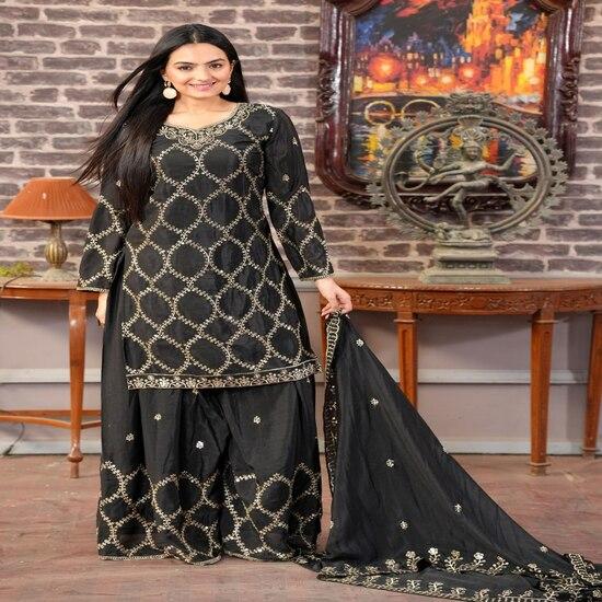 Elegant Black Embroidered Sharara Suit with Intricate Work