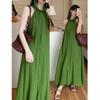 French Lazy Style Green Halterneck Off-the-Shoulder Dress Women's Summer New Temperament Resort Dress