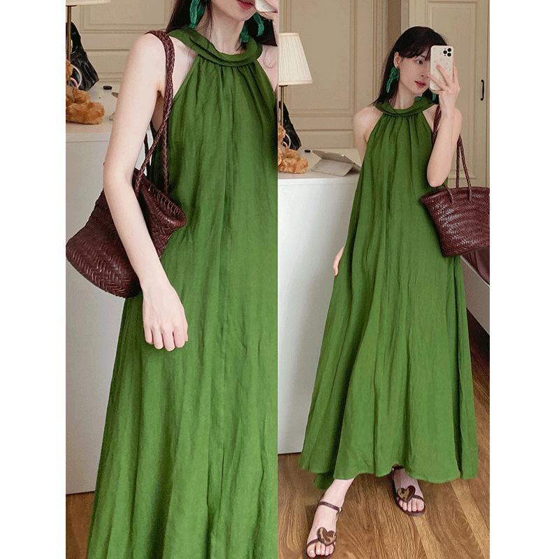 French Lazy Style Green Halterneck Off-the-Shoulder Dress Women's Summer New Temperament Resort Dress