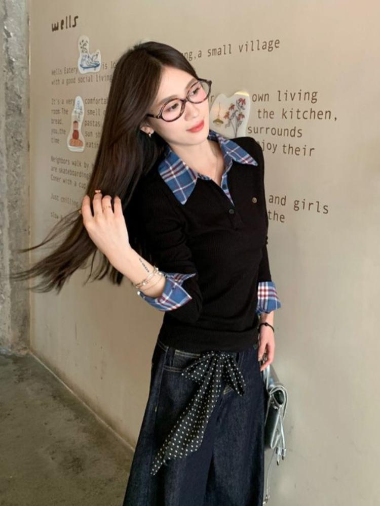 Harajuku Autumn Fake Two Pieces Shirt Women Polo Collar Elegant Long Sleeved Slim Tops Korea Chic Plaid Casual T-shirt Winter