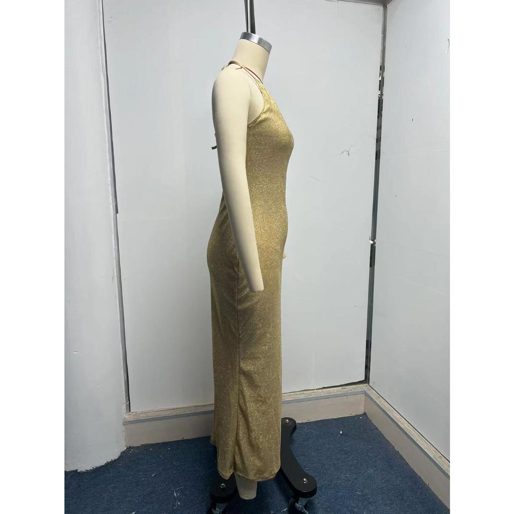 Damen Herbst Ärmelloses Schlitz Langes Kleid - Sexy Neckholder Bodycon Abendkleid mit Taillierung für Büro oder Party