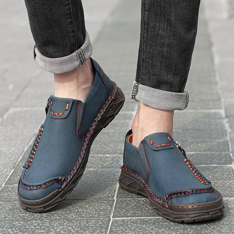 Men's Leather Boots Zipper Low Top Casual Shoes Outdoor Driving Handmade Shoes 39-48