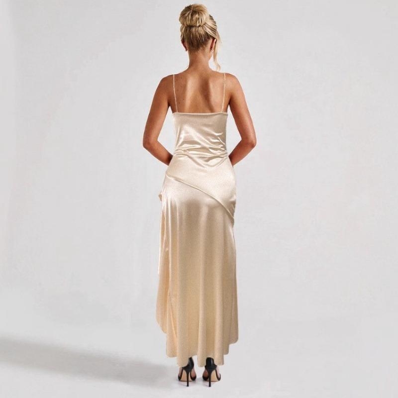 Καλοκαιρινό Σέξι Μοντέρνο Ασύμμετρο Σατέν Φόρεμα-Γιλέκο Γυναικείο Αμάνικο Ανοιχτό στην Πλάτη Βραδινό Πάρτι Φόρεμα Ρόμπα Femme