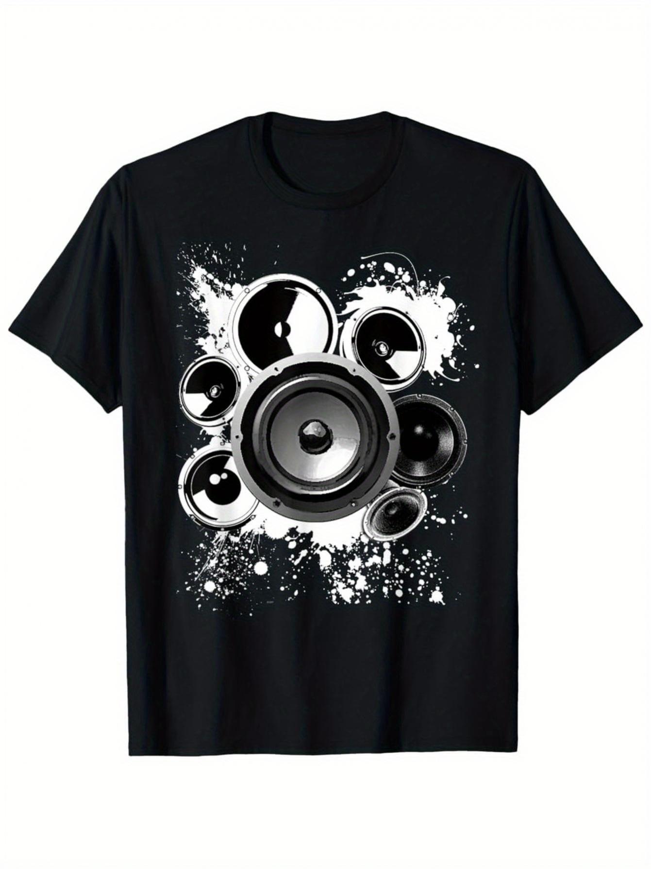 Men S Retro Speaker Graphic Tee - Black Featuring a White Subwoofer Design, Short Sleeves, Round Neck, Fit, Year-Round Comfort, Ideal for Music Enthus S разноцветный