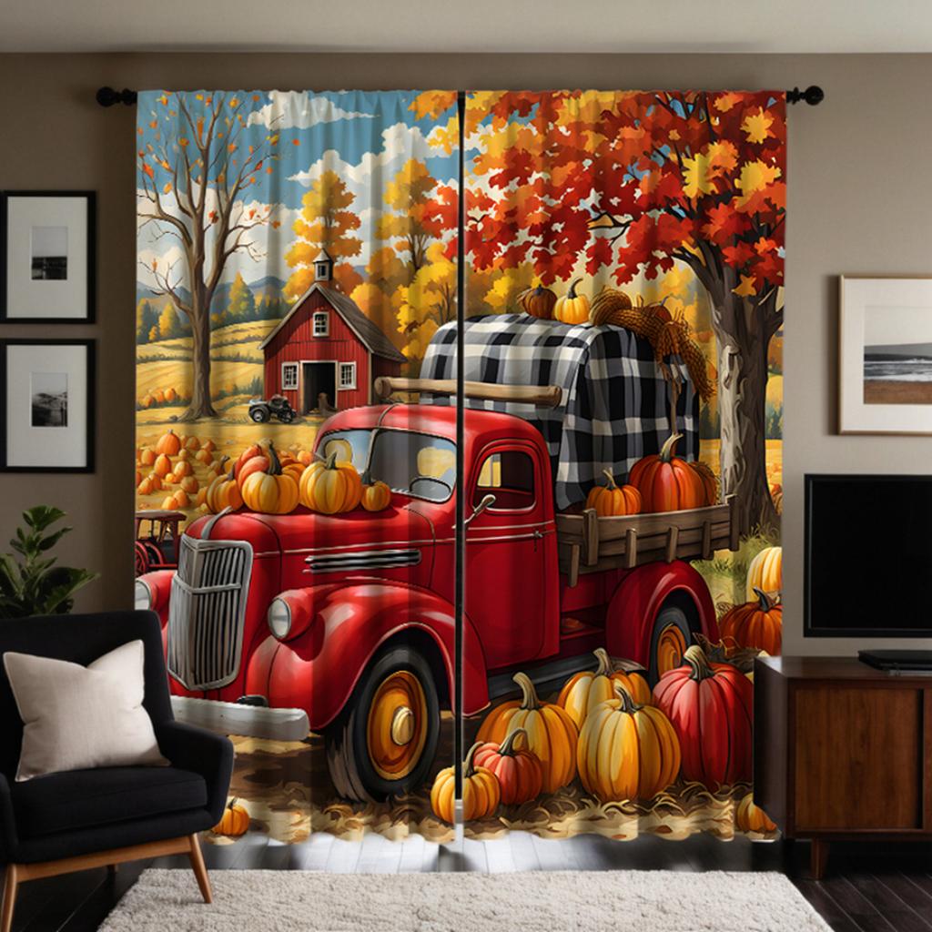 2pcs HD Harvest Festival Country Cottage Pumpkin truck decorative curtain under maple tree Yellow Tie digital printed curtain