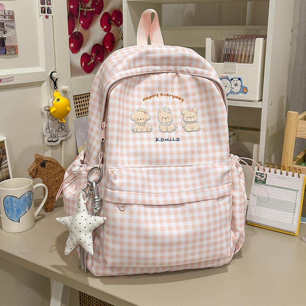 Schoolbag fog gray milk grid star embroidery backpack Japanese soft sister large capacity backpack junior high school girls fresh schoolbag