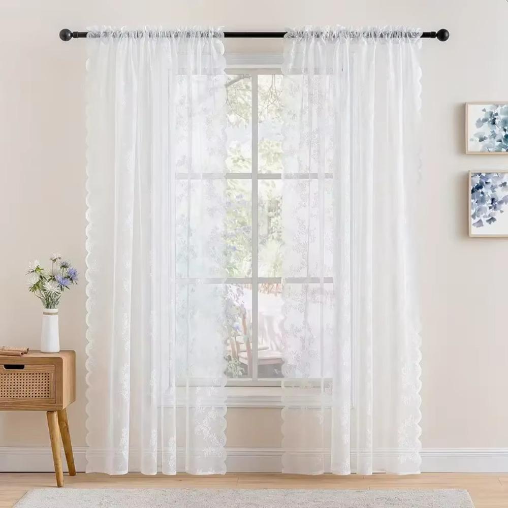 Durable Polyester Lace Window Curtain Floral Embroidered Sheer Rod Pocket Lace Sheer Curtain Door Curtain Living Room Decoration