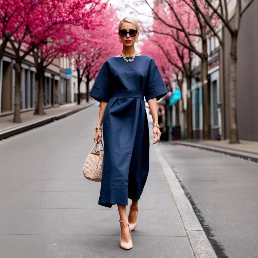 

YYFS Женская мода лето весна однотонный принт рукава 1/2 О-образный вырез высокая талия повседневные платья XXL темно-синий