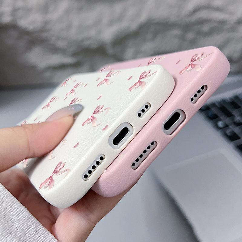 Pink Bow Pattern Leather Texture TPU Case For iPhone 16E 16 15 14 13 Pro Max 12 15 Pro 11 Shockproof Soft Silicone Phone Cover