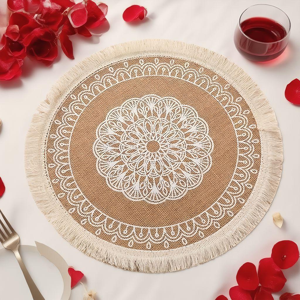 Sottopiatti Rotondi in Juta Naturale con Motivo Floreale Ecologico Vintage Decorazione da Pranzo per Uso Domestico